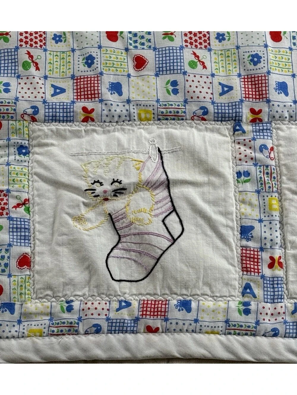 Vintage Handmade Baby Quilt Embroidered Kittens Cats Nursery 27x34 Patchwork